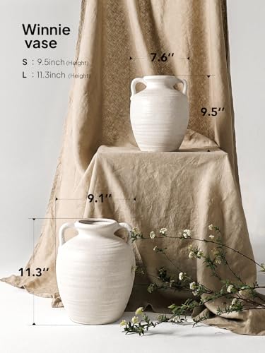 Large White Ceramic Vase - 9.5 Inch Rustic Farmhouse Flower Vase with Handles for Home Decor, Vintage Tall Vase for Living Room, Table, Bathroom, Holiday & Weddings (Sandstone White) - color: Sandstone White-9.5"
