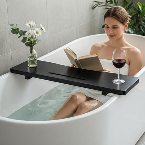 Elegant Black Bamboo Bathtub Tray Caddy for Standard Tub, 31" L Adjustable Bath Tray for Tub, Luxury Spa Bathroom Tray Organizer Table, Bath Tub Accessories for Women, Housewarming, Birthday Gifts - color: Black, size: 31"W x 9"D x 2"H