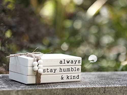 Lavender Inspired Farmhouse Book Decor-Always Stay Humble and Kind Sign-Book Shelf Decor-3 Pieces Faux Wooden Book Stack for Coffee Table Decor-Living Room Decor-Fireplace mantle table decor - color: Always Stay Humble and Kind