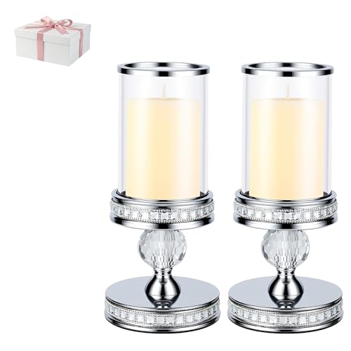 10" Tall Hurricane Candle Holder, Pillar Candle Holders with Glass Sleeve with Gift Box, Crystal Candle Stands for Home Warming, Weddiing, Dining Room Decor, Table Centerpiece (2, Silver, S) - color: Silver, size: Small