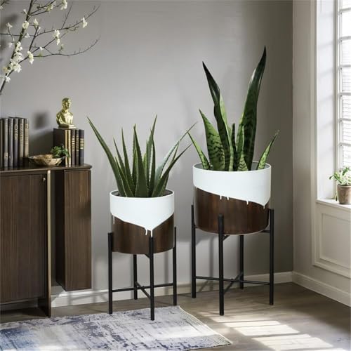 LuxenHome Modern Planter Pots, Set of 2 Planters for Indoor Plants, White and Brown Large Planters with Black Metal Stand, Flower Pots for Living Room, Office, Garden or Balcony, 10.25 & 12.5 Inch - color: E White Brown 12.5"+10.2"