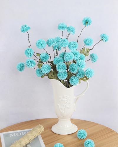 DuHouse 6pcs Artificial Flowers Faux Silk Pompon Mum,Silk Small Mini Chrysanthemum Ball with Stems for DIY Bouquets Centerpieces Vase Home Table Kitchen Decorations(Teal Blue) - color: Teal Blue, size: 6pcs