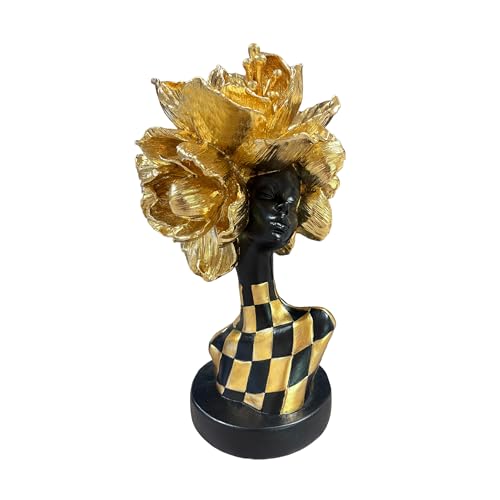 Lescafita Golden African Woman Statue – Luxurious Resin Figurine with Gold Floral Headpiece and Black-Gold Geometric Dress, Modern African Art Sculpture for Home and Office Décor - color: 105-gold