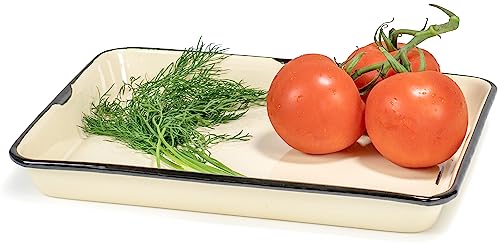 Red Co. 11 x 9 Enamelware Metal Classic 2 Quart Rectangular Serving Tray, Distressed Cream/Black Rim - color: Distressed Cream/Black Rim