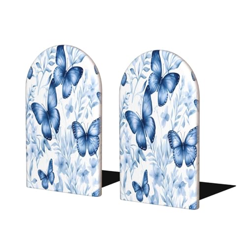 Decorative Bookends 2 Pcs Blue Butterfly Flower Leaves Wood Bookends for Shelves Heavy Books Kids Non-Skid Book Ends Stoppers for Office Desk Kitchen School - color: Blue Butterfly Flower Leaves