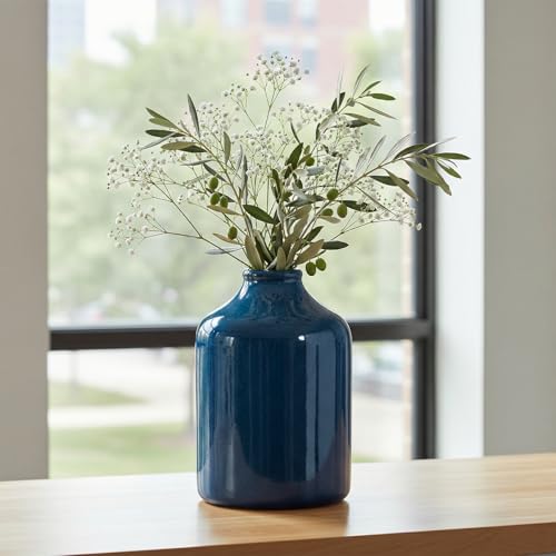 Sunddo Blue Flower Vase - 7 Inch Ceramic Decorative Vase - Rustic Farmhouse Vases for Home Decor, Shelf Decor, Dresser, Living Room, Office Desk Decoration - color: Dark Blue, size: 7 inch