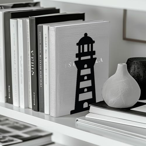 Peacoblue Metal Bookends for Shelves, Modern Decorative Heavy Duty Study Book Support Stoppers for Office, Desk, Shelf, Room 5.3"x4.3"x7.9" Cast Iron Simple Tall Bookends, 1 Pair (Lighthouse) - style: Lighthouse