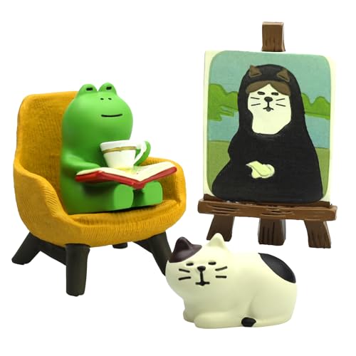 RAQWI Cute Frog Reading on Yellow Sofa Figurine with Cat Painting & Kitten Statue, Mini Resin Animal Set for Office Desk, Bookshelf Decor, Gift for Book & Cat Lovers - color: First Set