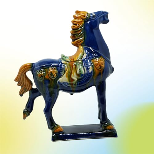 Handmade -Tang Dynasty Tri-Color Horse Sculpture Ceramic Horse-19cm Cultural Art Piece for Home,Bookcase or Office Decor (Blue) - color: Blue