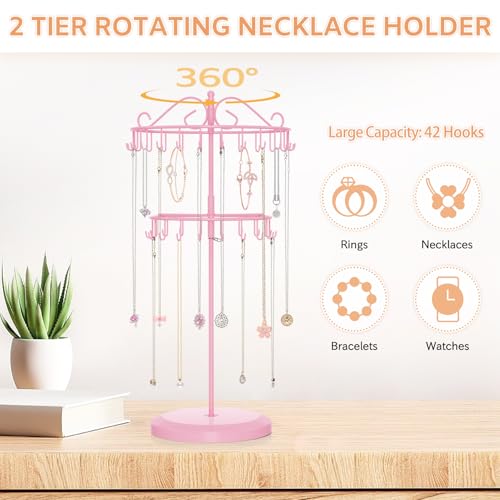 iDavosic.ly 2 Tier Rotating Necklace Holder Organizer with 42 Hooks, Adjustable Metal Bracelet Display Stand Rack, Extra Tall Keychain Spinning Tree Tower for Women, Pink - color: Candy Pink