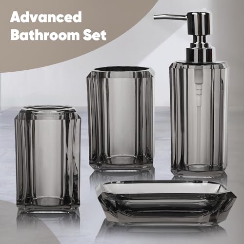4-Piece Modern Gray Bathroom Accessories Set — Soap Dispenser, Soap Dish, Mouthwash Cup & Toothbrush Holder, Glossy Acrylic with Gray Finish, Vanity Countertop Organizer - color: Gray