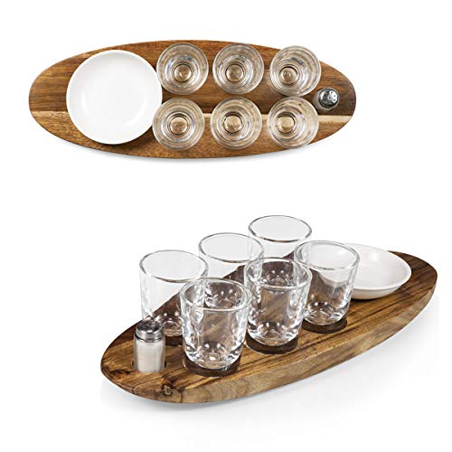 LEGACY - a Picnic Time brand - Cantinero Shot Glass Set with Tray - Tequilla Shot Glasses - Cocktail Serving Tray, (Acacia Wood)