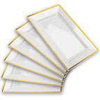Elegant Plastic Serving Tray & Platter Set (6pk) - White & Gold Rim Disposable Serving Trays & Platters for Food - Weddings, Upscale Parties, Dessert Table, Cupcakes - 8 x 12.85 inches - color: White + Gold (6 Pk)