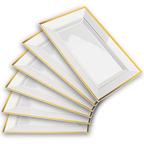 Elegant Plastic Serving Tray & Platter Set (6pk) - White & Gold Rim Disposable Serving Trays & Platters for Food - Weddings, Upscale Parties, Dessert Table, Cupcakes - 8 x 12.85 inches - color: White + Gold (6 Pk)