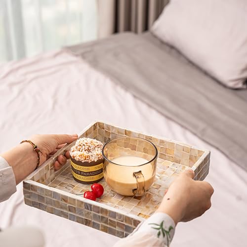 PEMAR 10" Mother of Pearl Catchall Tray for Coffee Table, Entryway, Nightstand. Square Serving Tray Wooden Luxury Decorative Handmade Eating Platters w Insert Handles (White Cream Squares Pattern)