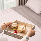 PEMAR 10" Mother of Pearl Catchall Tray for Coffee Table, Entryway, Nightstand. Square Serving Tray Wooden Luxury Decorative Handmade Eating Platters w Insert Handles (White Cream Squares Pattern)