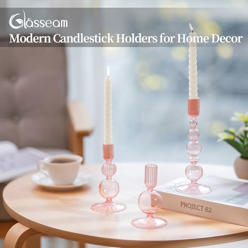 Glasseam Pink Glass Candlestick Holder: Unique Candle Holders Set of 3 Modern Taper Candle Holder Decorative Candle Holders for Table Centerpiece Party Christmas Home Wedding Decoration - color: Pink