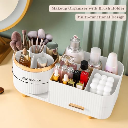 Rotating Makeup Organizer for Vanity with Brush Holder and Drawer, Cosmetic Makeup Storage, Large Spinning Makeup Skincare Organizer, Countertop Makeup Perfume Organizer, Lotions Display Case (White) - color: With Drawer-White