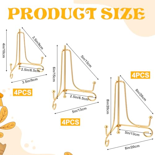 12 Pcs 3 Size Gold Iron Plate Stands for Display, 4" 6" 8" Decorative Metal Plate Holders Display Stand Gold Easel Stands for Photo, Frame, Book, Card, Plaque, Bowl, Picture