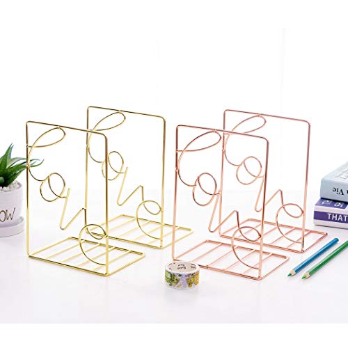 Creative Minimalist Style Bookends Metal Adjustable Books Holder Stand Book Rack Desk Bookend - Love, Rose Gold - color: Love, Rose Gold