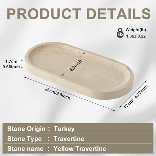 Travertine Tray, Marble Tray for Bathroom countertop,Non-Ceramic/Non-Resin，Stone for Storing Perfume, Cosmetics and Jewelry 9.8 * 4.7inch （Travertine） - color: Travertine, size: 9.8" x 4.7" x 0.7"