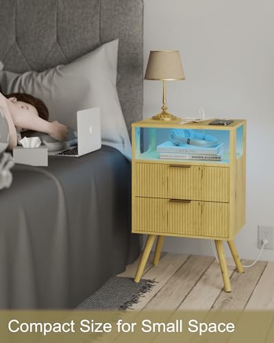 JOONEE Nightstand with Charging Station and LED Lights,Modern Bedside Table with 2 Storage Drawer and Open Wood Shelf, for Bedroom and Small Spaces,Night Stand with Solid Wood Legs (Yellow Oak) - color: Yellow Oak