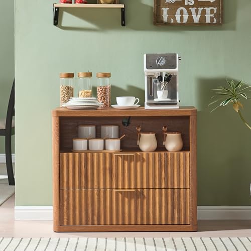 LEYAOYAO 31" Wide Fluted Nightstand with Charging Station, Oversized Extra Large 2 Drawers Night Stand,Brown Wood Bedside Table,Tall Bed Side End Tables,Modern Chest of Drawers Dressers for Bedroom - color: Brown, size: 2 Drawers
