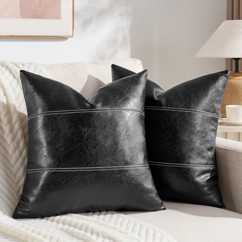 Fancy Homi 2 Packs Black Boho Faux Leather Decorative Throw Pillow Covers 16x16 Inch for Living Room Couch Bed Sofa, Rustic Modern Farmhouse Home Decor, Hand Stitched Square Cushion Case 40x40 cm - color: Black, size: 16" x 16" (Pack of 2)