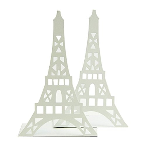 One Pair Creative Paris Eiffel Tower Book Organizer Metal Bookends for Kids School Library Desk Study Home Office Decoration Gift (White) - color: White