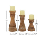 Deco 79 Wood Beaded Pillar Candle Holder, Set of 3 12", 9", 7"H, Brown - color: Brown, size: S/3 12", 9", 7"H
