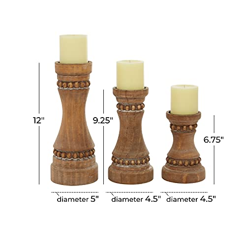 Deco 79 Wood Beaded Pillar Candle Holder, Set of 3 12", 9", 7"H, Brown - color: Brown, size: S/3 12", 9", 7"H