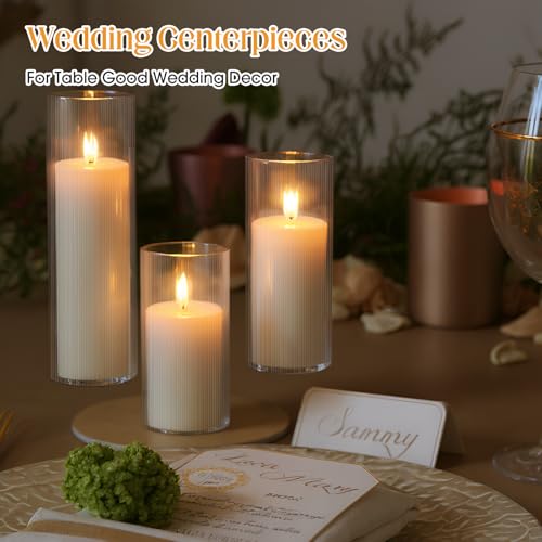 12 Pcs Wedding Pillar Candles and Ribbed Glass Candle Holder Vases Tall Cylinder Holders for Pillar Candle Clear Ribbed Bud Vase for Wedding Table Centerpiece, Total 6 Sets