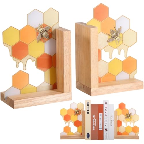 1 Pair Honeycomb Bookends Decorative Wooden Book Ends for Shelves Bookshelf Modern Honey Bookend Stoppers Holder for Office Home Desk Book Lover Gift 9.5 x 6 x 3.5 Inches