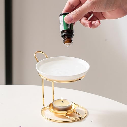 Qianly Essential Oil Burner Tealight Candle Holder, Fragrance Decoration Melt Burner, Oil Warmer for Bedroom, Gold - color: Gold&white(b)