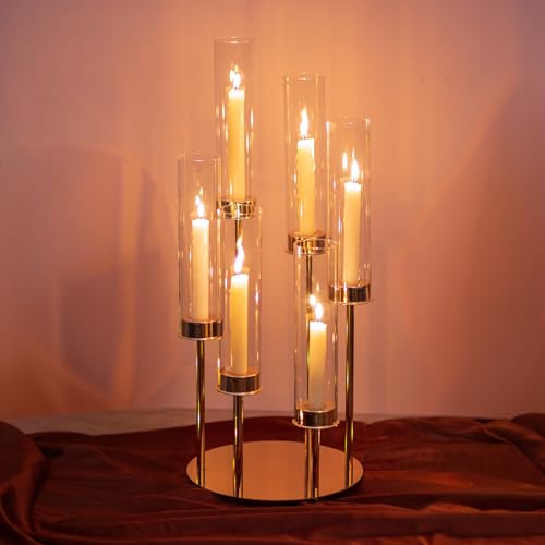 NUPTIO Hurricane Glass Candle Holders: 6 Arms Gold Metal Candlestick Candelabra with Removable Clear Cylinder Sleeve 24 inch Tall Candelabras Large Taper Holder for Outdoor Wedding Table Centerpiece - size: 1 Pc