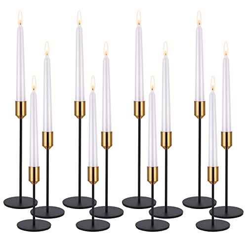 Set of 12 Candle Stick Candle Holder Black Candlestick Holders Metal Taper Candle Holders for Wedding Tables Centerpieces Candlelight Dinner Home Decor(Candles not Include) - color: Black+gold, size: Set of 12 Pcs