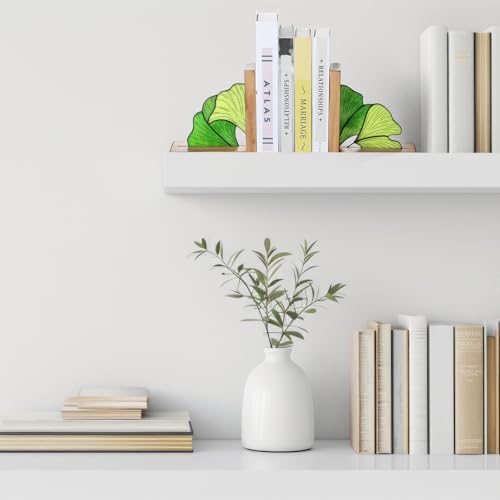 Maitys Ginkgo Leaf Bookends with Oak Wood Base Stained Glass Novelty Bookends Organizer Cute Book Ends for Shelves Desks Libraries Book Lover Gift (Green)