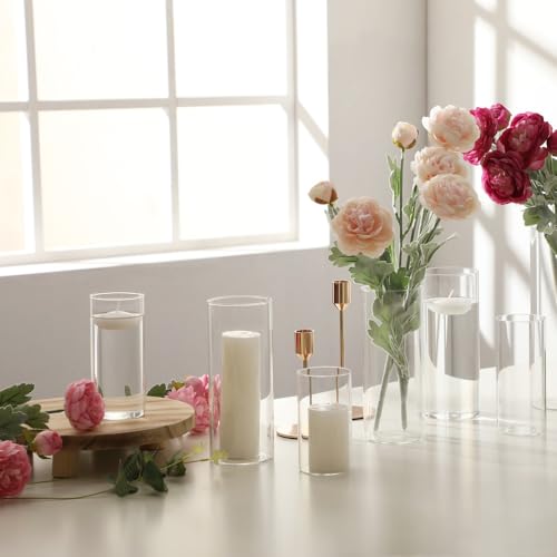 24 Pcs White Pillar Candles and Glass Candle Holders Cylinder Candle Vases for Pillar Candles Hurricane Candle Holders Set for Wedding Party, Event, Home Office Decor - size: 12 set