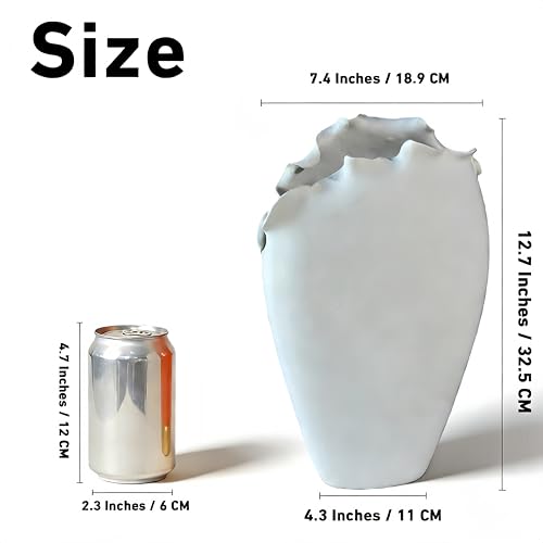 Abstract Irregular Ceramic Vase, White Irregular Pottery Vase, Handmade Decorative Minimalist Flower Vases for Modern Home, Tabletop, Shelf & Office - size: 21" x 10" x 35"