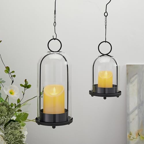 Hurricane Glass Candle Holders for Pillar Candles Set of 2 (5" & 4" Wide), Black Metal Candlestick Holders, Modern Decorative Centerpiece Lanterns for Table Mantel Wedding Housewarming Gift - color: Black