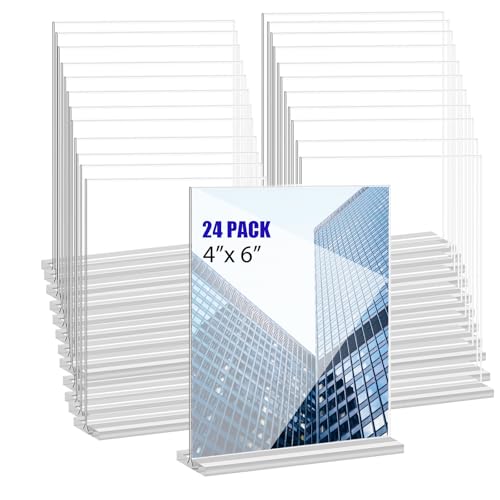 KOOLDE Acrylic Sign Holder 4x6 Inches 24 Pack T Shape Desktop Display Stand Vertical Double Sided Clear Table Menu Flyer Holder for Restaurants, Office, Shop, Wedding - color: 24 pack