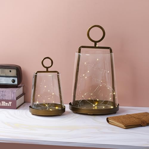 9" Wide Modern Farmhouse Metal Hurricane Candle Holder with Handmade Sturdy Glass Sleeve in Vintage Brass for Pillar Candle & Plants, Glass Hurricane Lantern, Industrial, Minimalistic - color: Brass, size: 9"x14"
