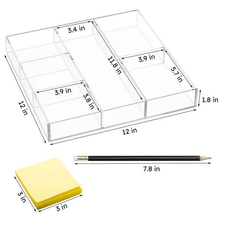 HIIMIEI Acrylic Drawer Organizer, 6 Section Clear Makeup Tray Organizer for Drawer Office Bedroom(11.8x11.8 inch) - size: 12'' x 12''