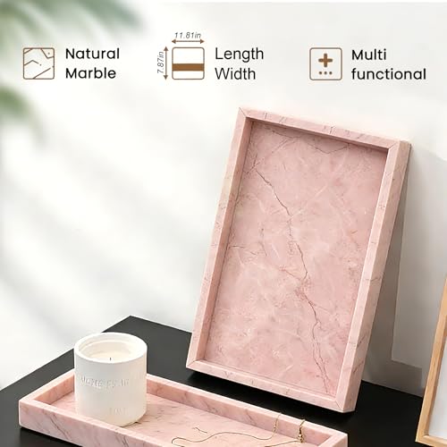 Natural Marble Tray, Stone Tray for Bedroom/Bathroom/Kitchen/Vanity Countertop, Jewelry Tray for Rings Earrings Necklace Bracelet Watch, Room Decor Aesthetic - color: Pink Travertine, size: 11.8" x 7.9" x 1.2"