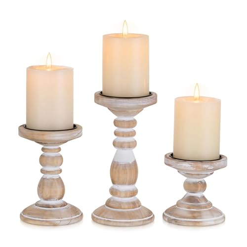 Wood Pillar Candle Holder: 3Pcs Rustic White Candle Holders for Pillar Candles Wood Candle Holders Distressed Wooden Farmhouse Candle Holder Large Rustic Candle Holder for Fireplace Table - color: Rustic White, size: 3.94", 5.9", 7.87"