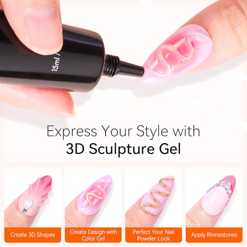 Makartt 3D Nail Sculpting Gel: Clear No Wipe Formula for Embossed Nail Art, Chrome Powder & Rhinestones, Thick UV LED Cured Glue for DIY and Salon, 15ml - color: A01-Clear