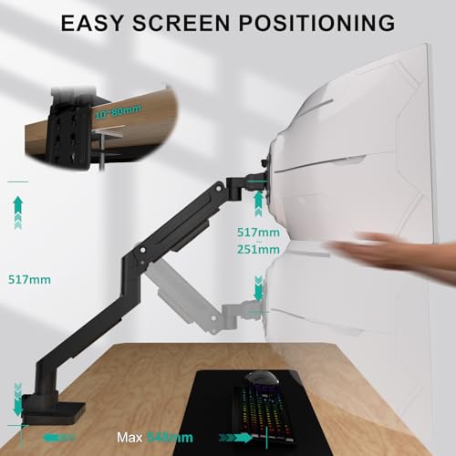 WALI Ultrawide Single Monitor Arm for 13-49 Inch Heavy Duty Curved Screens, up to 44 Lbs, Adjustable Single Monitor Desk Mount with C-Clamp, Grommet Base, 75/100mm VESA (GSM001XL), Black - size: 13"-49", style: Single Arm