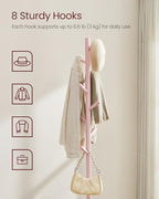VASAGLE Solid Wood Coat Rack, Free Standing Hall Coat Tree with 8 Hooks, 3 Height Options, for Coats, Hats, Bags, Purses, for Entryway, Hallway, Rubberwood Hooks and Pole, Jelly Pink URCR010R01 - color: Jelly Pink, style: Square Base + Cylindrical Hooks