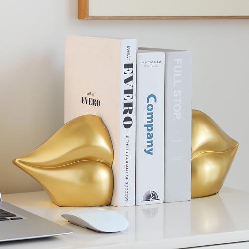 Gold Lips Decorated Bookends，Set of 2 Heavy Decorative Book Stoppers，Unique Resin Decoration，Creative Desktop Gold Decor for Study Room Hotel Office Shelves - color: Gold Lips