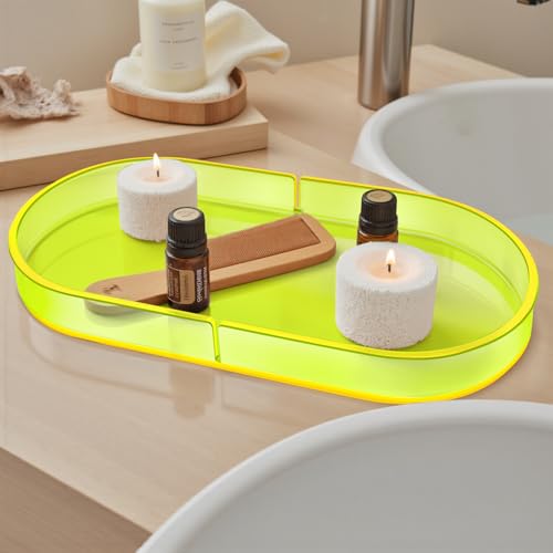 Acrylic Decorative Vanity Tray Perfume Jewelry Trinket Tray for Bathroom Counter Soap Toilet Tank Sink Small Candle Catch All Organizer, 12.6x6.3 Inches, Neon Green - color: Neon Green